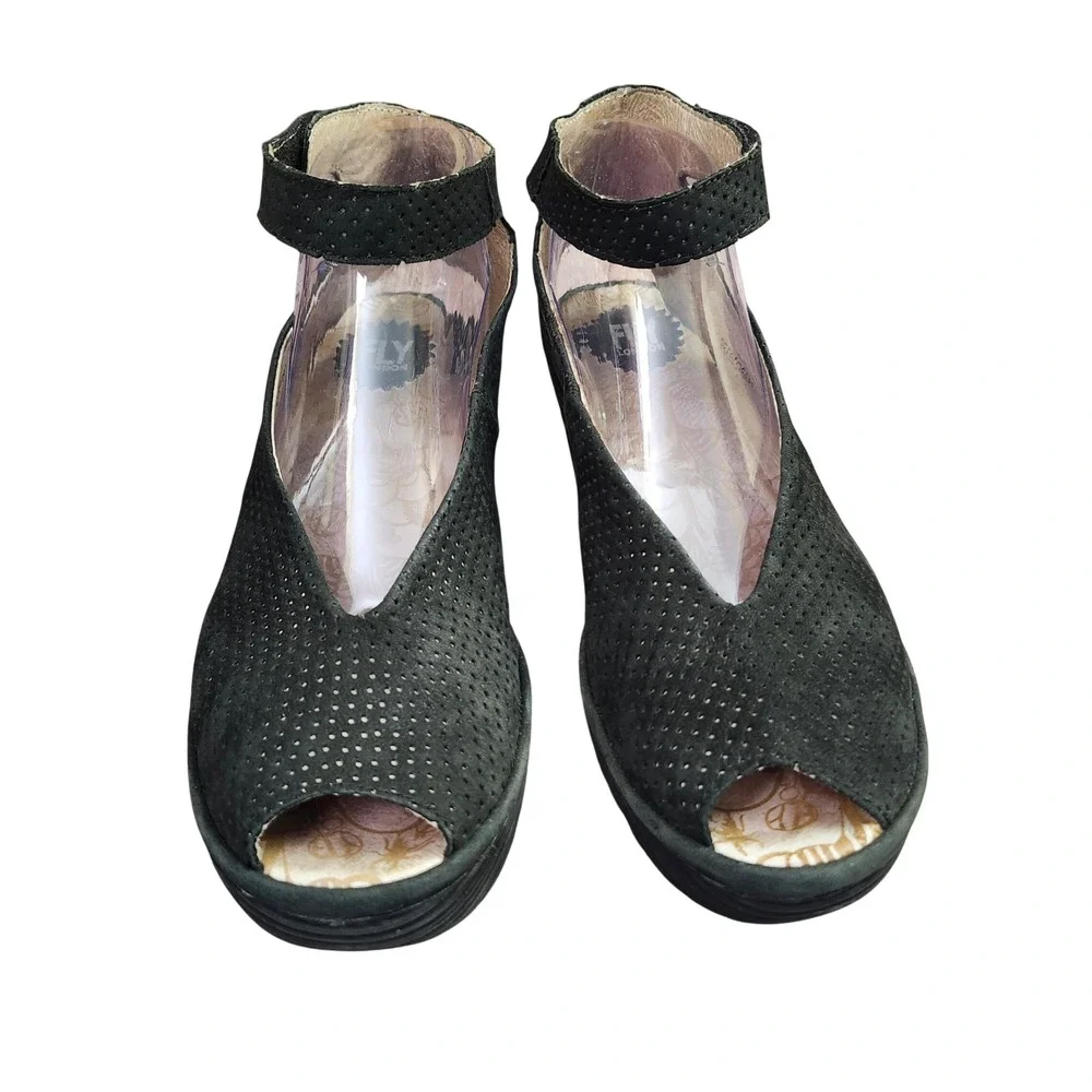 Fly London Yala Black Perforated Nubuck Leather Wedge Sandals Peep Toe 41